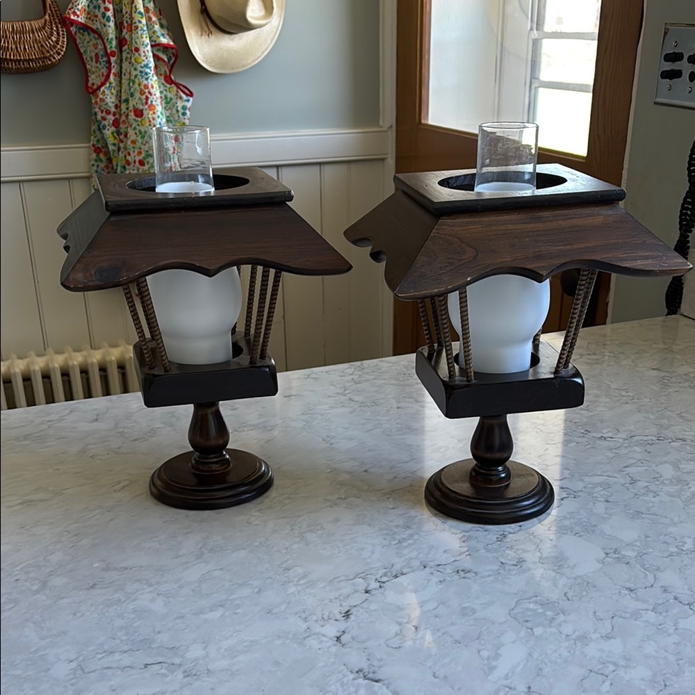 Vintage Wooden Candle Holders with Glass Inserts